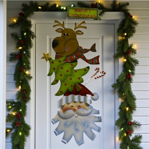 DOOR HANGER -- Christmas Decor, Metal, Santa/Reindeer/Tree, Front Door or Wall - Picture 1 of 6